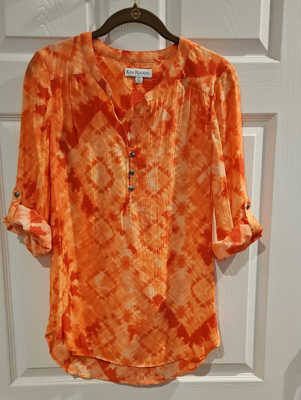 Kim Rogers Orange Tie-Dye Split Neck Tunic with Roll-Tab Sleeves